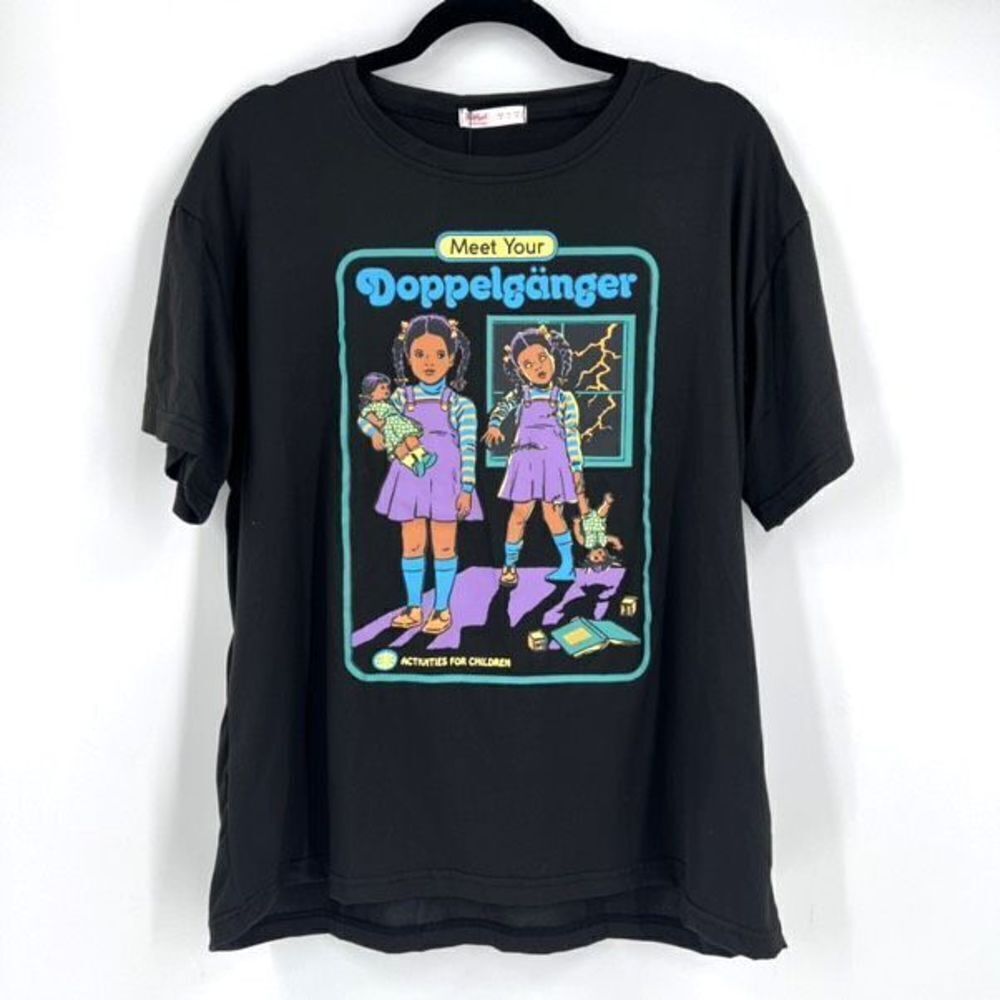 NWT Romwe Black SS Creepy‎ Girl Dolls Halloween Shirt Top Doppelganger Medium